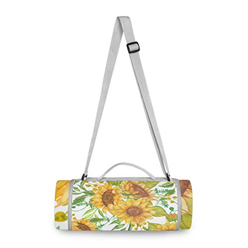 BEUSS Aquarell Gelb Sonnenblumen Picknickdecke wasserdicht Kreative Runde Picknick-Matte Kampierende Strand Yoga Decken Matten im Freien Faltbar Leicht Matte Decke mit Tragegriff(148cm x 148cm) von BEUSS