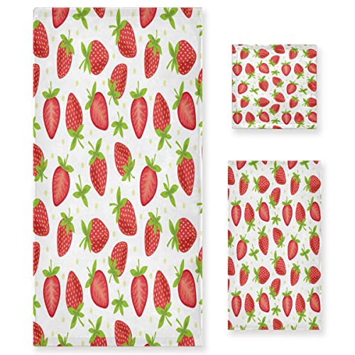 BEUSS Erdbeerblattfrucht Süß Handtuchset für Badezimmer 100% Baumwolle(1 Badetuch & 1 Handtuch & 1 Waschlappen) Geruchsresistente hochsaugfähige Handtücher für Mädchen Kinder von BEUSS