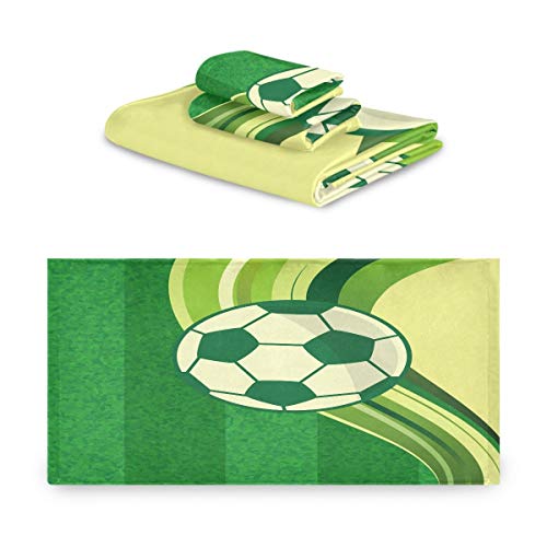BEUSS Fußball Fußball Grün Handtuchset für Badezimmer 100% Baumwolle(1 Badetuch & 1 Handtuch & 1 Waschlappen) Geruchsresistente hochsaugfähige Handtücher für Mädchen Kinder von BEUSS
