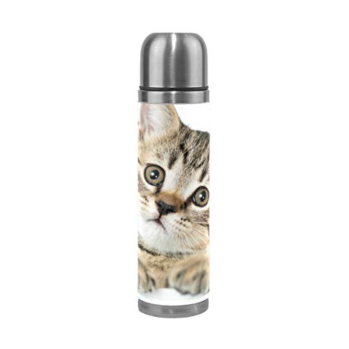 Süße Katze Weiss Wasserflasche Wasserkanne Edelstahl Isolierte Isolierflasche Auslaufsicher Leder Verpackung(500 ml) von BEUSS