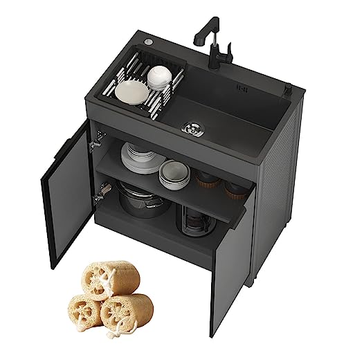 BEUTEE Freistehende Spüle Für Restaurant Garten Campimgspüle Spülschrank Campingküche Mit Warm Kaltwasserhahn 304 Edelstahl Waschbecken Wäscherei, Garage Oder Garten (Color : Pull Out Faucet) von BEUTEE