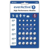 Everactive - Set 10 x AG3, 5 x AG4, 5 x ag 10, 10 x AG13 1,5 v, 30 x Batterien, Knopfzellen, alkalisch, Mini, 3 Jahre Lebensdauer, 30 Stück - 1 von EVERACTIVE