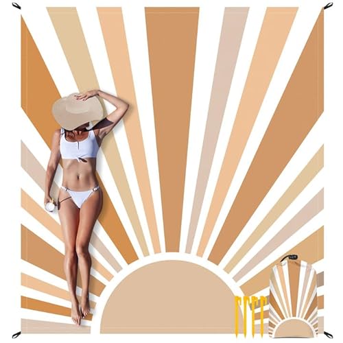 Bohemian Stranddecke, wasserdicht, sanddicht, groß, 200 x 213 cm, Stranddecke für 1–4 Erwachsene, leichte und kompakte sandfreie Picknickmatte mit 4 Heringen und 4 Ecktaschen, Orange Sun von BEW