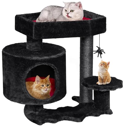BEWISHOME Katzenbaum Turm, Gothic Katzenbaum mit Sarg Bett, Halloween Gothic Katzenhaus mit Kratzstämmen, Spinne Spielzeug, Katzenkondo für Kätzchen, Schwarz und Rot Klein MMJ93R von BEWISHOME
