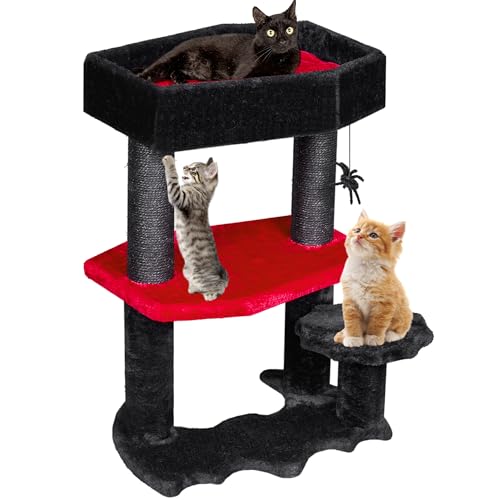 BEWISHOME Katzenbaum Turm für Innen Gothic Katzenbäume mit Sarg Bett, Gothic Katzenhaus mit Kratzstämmen, Katzenregale für Kätzchen, Spinne Spielzeug, Gruseliger Sarg Schwarz mit Rot, Klein MMJ94R von BEWISHOME