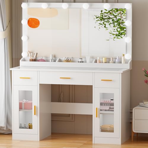 BEWISHOME Große Schminktisch mit Spiegel und Verstellbarer 3 Farben LED-Beleuchtung, Frisiertisch mit Klarer Glasplatte und 3 Schubladen, Moderner Weißer Schminktisch, 110 x 40 x 140cm EFST35W von BEWISHOME