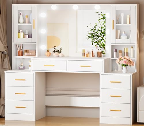 BEWISHOME Großer Schminktisch mit LED Beleuchtung, Einstellbare Helligkeit, Frisiertisch mit Spiegel und 8 Schubladen, Modern Kosmetiktisch mit verstellbaren Ablagen für das Schlafzimmer Weiß EFST37W von BEWISHOME