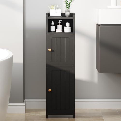 BEWISHOME Kleiner Badezimmerschrank, Badezimmer-Aufbewahrungsschrank mit verstellbaren Regalen und 2 Türen, schmale Toilettenpapierschränke, 20 x 20 x 80 cm, für kleine Räume, Schwarz YYG03B von BEWISHOME