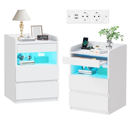 BEWISHOME Nachttisch 2er Set,Nachtschrank mit Verstecktes Fach,Nachttisch mit Steckdose,Einfach und vielseitig Nachtschrank mit Ladefunktion,für Wohnzimmer und Schlafzimmer (Weiß) EFCG02W von BEWISHOME