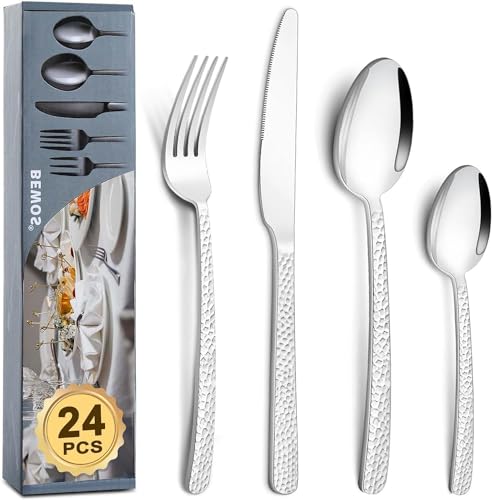 24 Stück Besteck für 6 Personen, BEWOS Edelstahl Besteck Set, Hochglanzpoliertes Küchenhelfer Set, Gabeln, Löffel und Messer, Bestecksets für Haus/Küche/Restaurant/Hotel, 1567B, Spülmaschinenfest von BEWOS