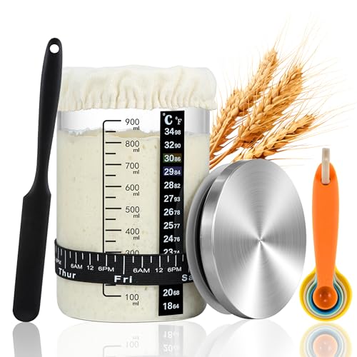 BEWOS 11 Teiliges Sauerteig Starter Set - Mit 34 Unzen Sauerteig Glas Und Edelstahldeckel, Perfekt Für Sauerteigbrot, Enthält Silikonspatel, Fütterungs-Tracker, et al von BEWOS