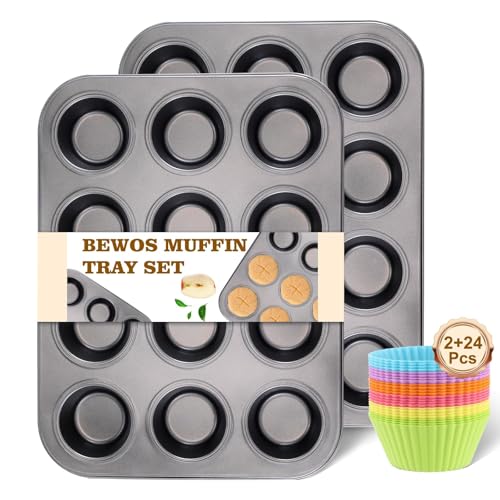 BEWOS 2 PCS Antihaft-Muffinblech für 12 Tassen, Muffinblech aus Kohlenstoffstahl mit 24 wiederverwendbaren Silikonbackformen, Spülmaschinenfest, Backformen für Muffins oder Cupcakes（Grau） von BEWOS