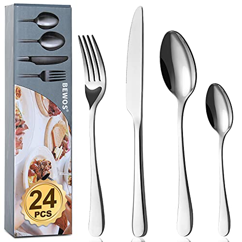 BEWOS 24 Stück Besteck Set, Essbesteck Set für 6 Personen, Besteck Edelstahl Spiegelpoliert, Messer Gabel Löffel Set, spülmaschinenfest von BEWOS