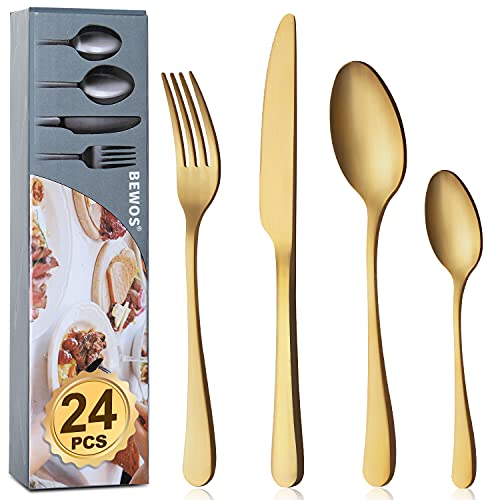 BEWOS 24 Stück Besteck Set, Matt Gold Essbesteck Set für 6 Personen, Besteck Edelstahl Spiegelpoliert, Messer Gabel Löffel Set, spülmaschinenfest von BEWOS