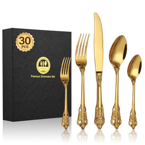 BEWOS 30 Stück Gold Palast Besteck Set, Hochwertig Edelstahl Besteck, Geprägte Design-Griffe, Bankett Essbesteck, Atemberaubend Poliert & als Geschenk Verpackt, Spülmaschinenfest von BEWOS