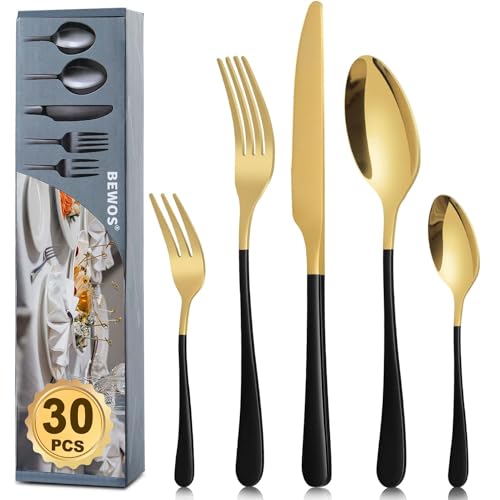 BEWOS 30 Stück Gold und Schwarz Besteck Set für 6 Personen, Lebensmittelq`ualität Edelstahl Besteckset enthalten Steakmesser, Kaffeelöffel und Kuchengabeln, Spülmaschinenfest, Upgraded buntes Design von BEWOS