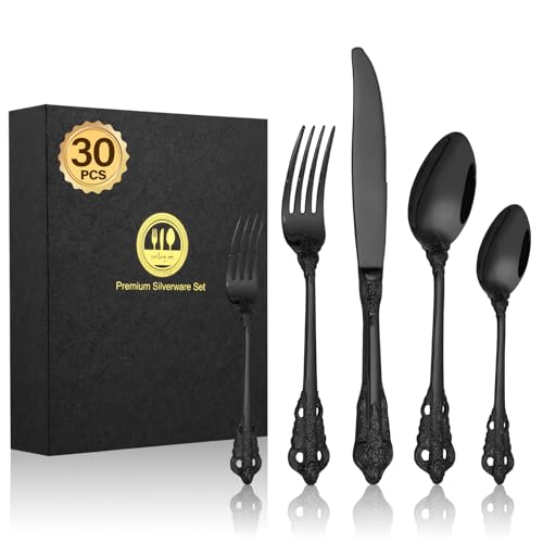 BEWOS 30 Stück Schwarz Mattiert Palast Besteck Set, Hochwertig Edelstahl Besteck, Geprägte Design-Griffe, Bankett Essbesteck, Atemberaubend Poliert & als Geschenk Verpackt, Spülmaschinenfest von BEWOS