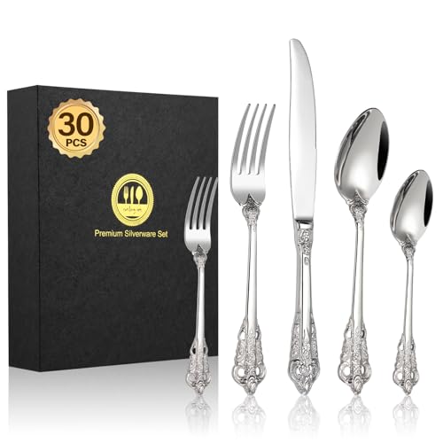 BEWOS 30 Stück Silber Palast Besteck Set, Hochwertig Edelstahl Besteck, Geprägte Design-Griffe, Bankett Essbesteck, Atemberaubend Poliert & als Geschenk Verpackt, Spülmaschinenfest von BEWOS