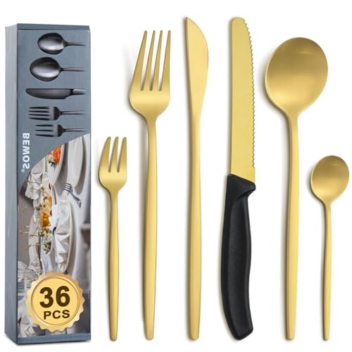 BEWOS 36-teiliges Gold Besteck Set mit Steakmesser, Besteckset für 6 Personen mit Gabeln, Messern und Löffel, spülmaschinenfestes Besteck für die heimische Gastronomie, lebensmittelechtes Besteck von BEWOS