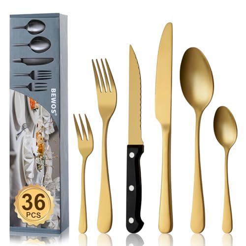 BEWOS 36-teiliges Mattgold Besteck set mit Steakmesser Service für 6, Premium-Edelstahl-Bestecksets für Haus & Küche, Hochwertiges Messer-Löffel-Gabel-Besteck-Set Hochglanzpoliert, Spülmaschinenfest von BEWOS