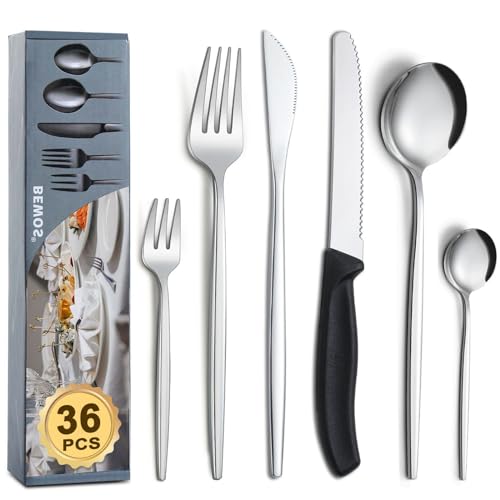 BEWOS 36-teiliges Silber Besteck Set mit Steakmesser, Besteckset für 6 Personen inkl. Messer und Löffel, spülmaschinenfestes Besteck für die heimische Gastronomie, lebensmittelechtes Besteck 30P+6P von BEWOS