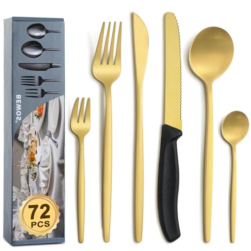 BEWOS 72-teiliges Gold Besteck Set mit Steakmesser, Besteckset für 12 Personen mit Gabeln, Messern und Löffel, spülmaschinenfestes Besteck für die heimische Gastronomie, lebensmittelechtes Besteck von BEWOS