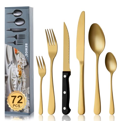 BEWOS 72-teiliges Gold Besteck set mit Steakmesser Service für 12, Premium-Edelstahl-Bestecksets für Haus & Küche, Hochwertiges Messer-Löffel-Gabel-Besteck-Set Hochglanzpoliert, Spülmaschinenfest von BEWOS