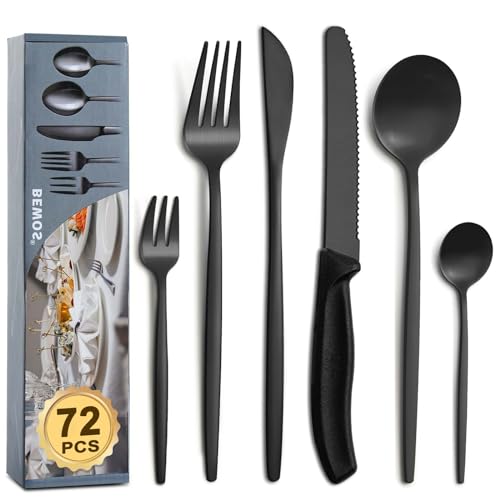 BEWOS 72-teiliges schwarzes Besteck Set mit Steakmesser, Besteckset für 12 Personen mit Gabeln, Messern und Löffeln, spülmaschinenfestes Besteck für die heimische Gastronomie 60P+12P von BEWOS