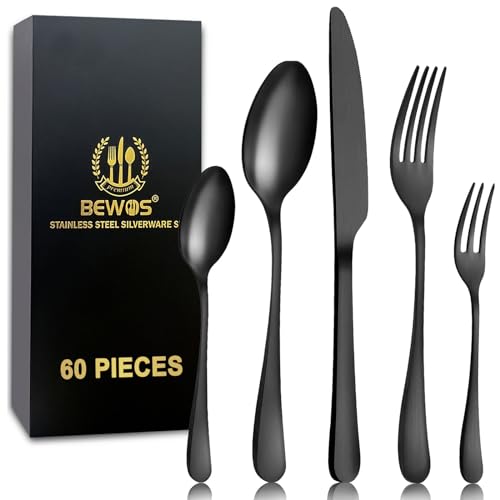 BEWOS Besteck Set für 12 Personen, 60 teilig Schwarz Mattiert Essbesteck Set inkl. Messer, Gabel, Löffel, Besteck Edelstahl, Spülmaschinenfest von BEWOS