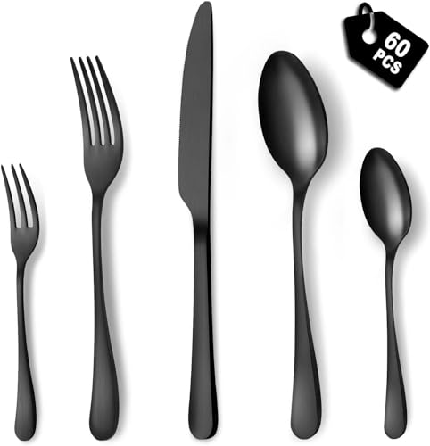 BEWOS Besteck Set für 12 Personen, 60 teilig Schwarz Mattiert Essbesteck Set inkl. Messer, Gabel, Löffel, Besteck Edelstahl, Spülmaschinenfest von BEWOS