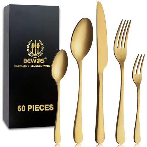 BEWOS Besteck Set für 12 Personen, 60 teilig Titanium Gold Essbesteck Set inkl. Messer, Gabel, Löffel, Besteck Edelstahl, Spülmaschinenfest (Matt Gold) von BEWOS