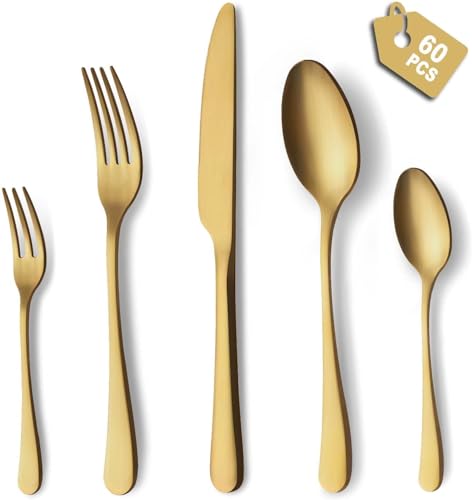 BEWOS Besteck Set für 12 Personen, 60 teilig Titanium Gold Essbesteck Set inkl. Messer, Gabel, Löffel, Besteck Edelstahl, Spülmaschinenfest (Matt Gold) von BEWOS