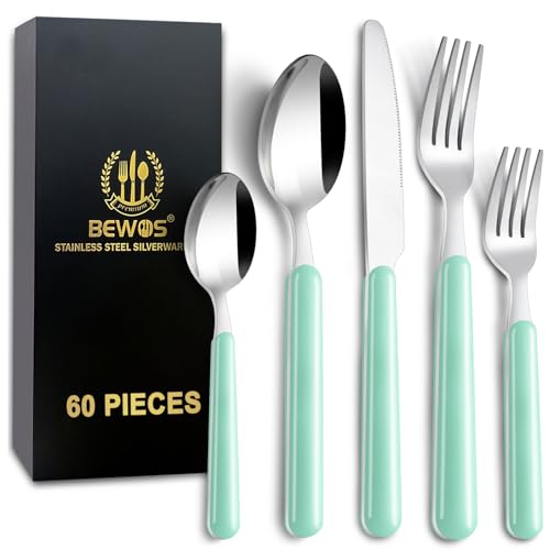 BEWOS Besteck Set für 12 Personen, 60 teilig besteckset Lichtgrün inkl. Messer, Gabel, Löffel, Farbige Griffe camping besteck, Spülmaschinenfest von BEWOS
