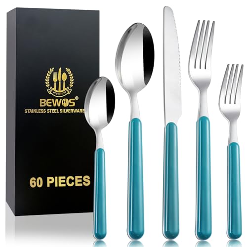 BEWOS Besteck Set für 12 Personen, 60 teilig besteckset blau inkl. Messer, Gabel, Löffel, Farbige Griffe camping besteck, Spülmaschinenfest, Dark Blue Bestecksets 60p von BEWOS