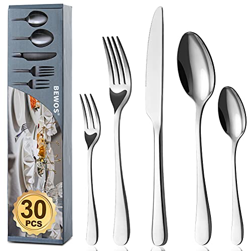 BEWOS Besteck Set für 6 Personen, 30 teilig Essbesteck Set inkl. Messer, Gabel, Löffel, Besteck Edelstahl Spiegelpoliert, Spülmaschinenfest von BEWOS