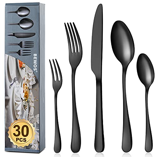 BEWOS Besteck Set für 6 Personen, 30 teilig Schwarz Mattiert Essbesteck Set inkl. Messer, Gabel, Löffel, Besteck Edelstahl, Spülmaschinenfest von BEWOS