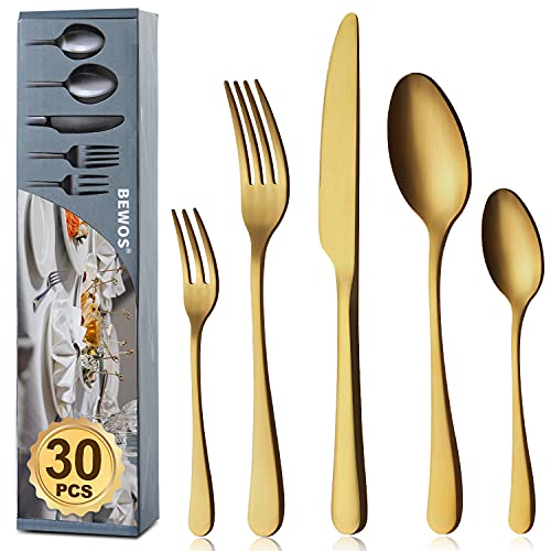 BEWOS Besteck Set für 6 Personen, 30 teilig Titanium Gold Essbesteck Set inkl. Messer, Gabel, Löffel, Besteck Edelstahl, Spülmaschinenfest (Matt Gold) von BEWOS