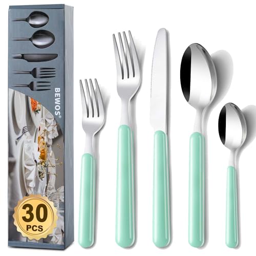 BEWOS Besteck Set für 6 Personen, 30 teilig besteckset Lichtgrün inkl. Messer, Gabel, Löffel, Farbige Griffe camping besteck, Spülmaschinenfest von BEWOS