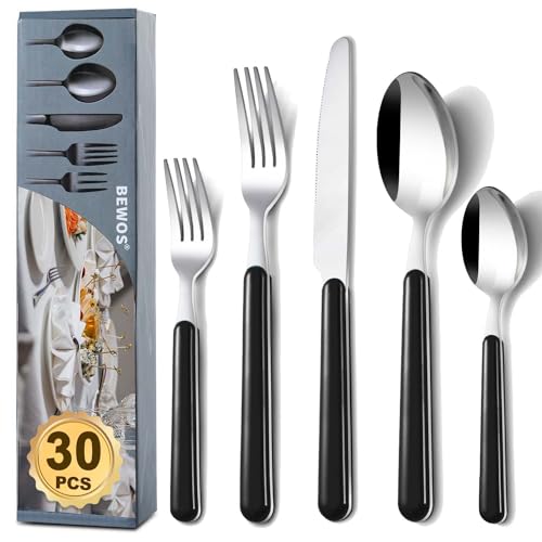 BEWOS Besteck Set für 6 Personen, 30 teilig besteckset schwarz inkl. Messer, Gabel, Löffel, Farbige Griffe camping besteck, Spülmaschinenfest von BEWOS