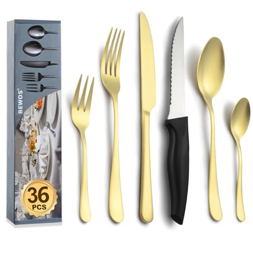 BEWOS Besteck Set für 6 Personen, 36-teiliges Besteck Set mit Steakmessern, Mattes Champagnergold Essbesteck Set inkl. Messer, Gabel, Löffel, Besteck Edelstahl, Spülmaschinenfest von BEWOS