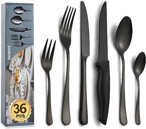 BEWOS Besteck Set für 6 Personen, 36-teiliges Besteck Set mit Steakmessern, Schwarz Mattiert Essbesteck Set inkl. Messer, Gabel, Löffel, Besteck Edelstahl Spiegelpoliert, Spülmaschinenfest von BEWOS