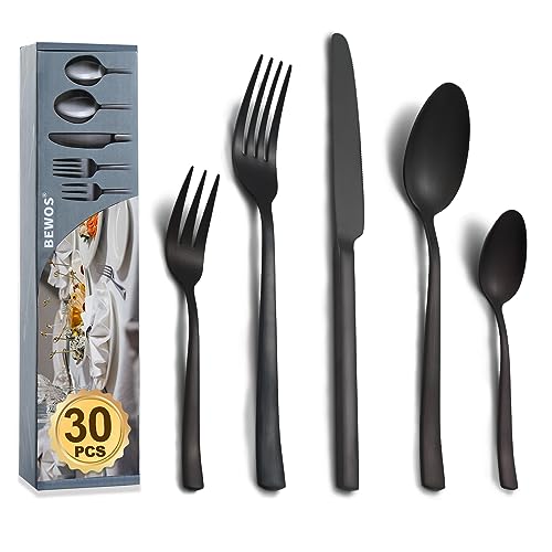 BEWOS Besteckset für 6 Personen, 30-teilig aus Edelstahl, Mattschwarz Mit Messern, Gabeln und Löffeln, Hochglanzpoliert und Spülmaschinenfest von BEWOS