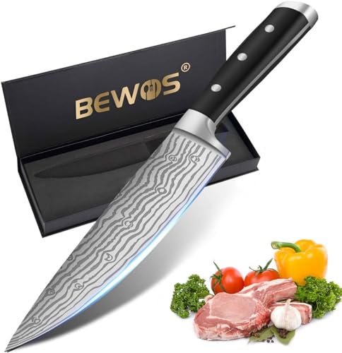 BEWOS Kochmesser Set mit messer schärfen, 21 cm Profi Küchenmesser, Ultra Damastmesser, Küchenmesser Scharf, Fleischmesser, Santoku Messer für Haushalt, Küche & Restaurant, Geschenkbox von BEWOS