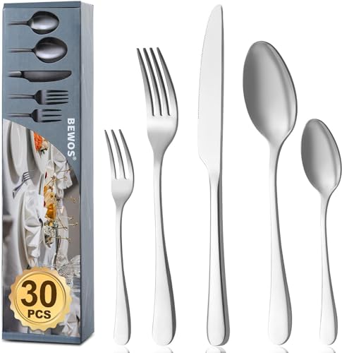 BEWOS Mattsilbernes Besteckset für 6 Personen, 30-teiliges Besteck Set mit Messer, Gabel, Löffel, Edelstahl Hochglanzpoliert, Besteckset wird in Haushalten/Partys/Cafeterien, Spülmaschinenfest von BEWOS