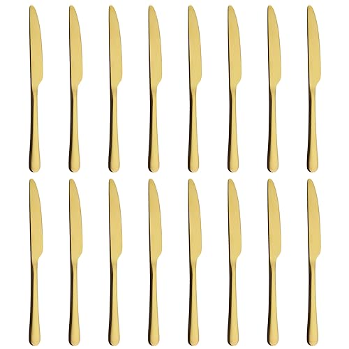 BEWOS Messer 16 Stück (23.8Cm/9.37 Inch), Edelstahlmesser, Tafelmesser mit Scharfem Wellenschliff, Spülmaschinenfest, Brotmesser für Haushalt, Restaurant, Party, matte Gold von BEWOS