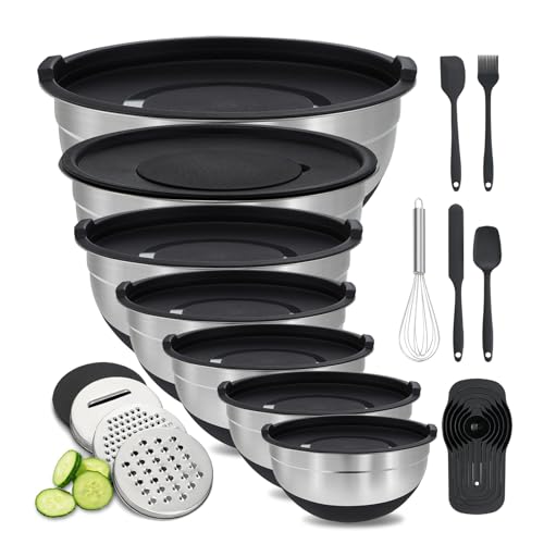 BEWOS Rührschüssel mit Deckel 7-teilig, Edelstahl Rührschüsseln mit Reibe, Nesting Design & Anti-Rutsch-Boden Rührschüssel, Größen 4.5, 4, 3.5, 2.1, 1.5, 1.1, 0.7 Qt zum Mischen&Servieren BEWOS Rührschüssel mit Deckel 7-teilig, Edelstahl Rührschüsseln mit Reibe, Nesting Design & Anti-Rutsch-Boden Rührschüssel, Größen 4.5, 4, 3.5, 2.1, 1.5, 1.1, 0.7 Qt zum Mischen&Servieren von BEWOS