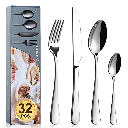 Besteck Set, BEWOS 32-teilig Edelstahl Besteck Set, Geschirr Besteckset mit Löffel Messer und Gabel Set, Service für 4, Spülmaschinenfest/Leicht zu reinigen, Spiegelpoliert von BEWOS