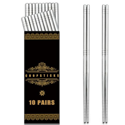 Bewos 10 Paare Edelstahl-Essstäbchen 8. 9inch, spülmaschinenfest Essstäbchen, Legierung Essstäbchen, wiederverwendbare chinesische Essstäbchen,Stainless Steel Chopsticks 10P von BEWOS