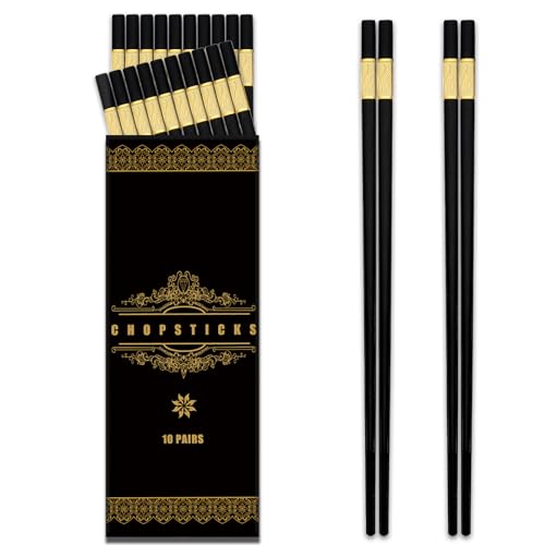 Bewos 10 Paare schwarz Legierung Essstäbchen- 9. 5inch, spülmaschinenfest Essstäbchen, Legierung Essstäbchen, wiederverwendbare chinesische Essstäbchen, Anti-Rutsch,Golden Trilobal Chopsticks 10P von BEWOS