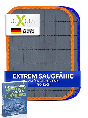 BEXEED Handtuch - CarbonPads, 1x Blau, 1x Orange, 16 x 22 cm - Mikrofaserglasreinigungstuch-Set für Autofenster - Saugfähiger Kern für Streifenfreien Glanz - 2er Pack von BEXEED